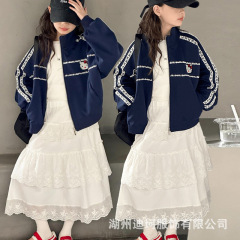 女童秋装时髦卫衣外套2025新款大童洋气开衫儿童蕾丝拼接棒球服潮