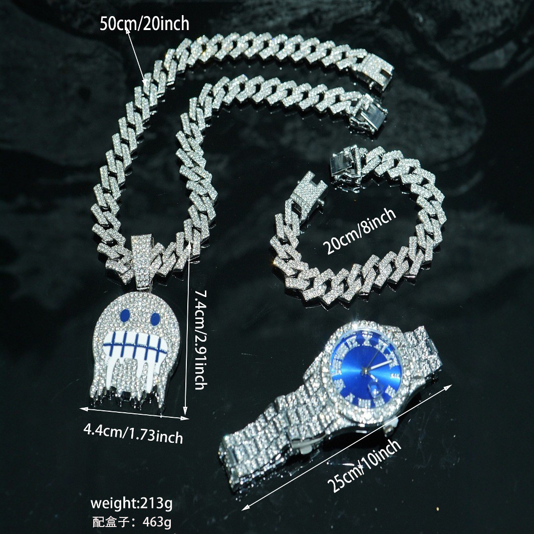 Aleación de alta calidad de moda de diamante de hielo cara colgante de collar de cadena cubana pulsera color reloj conjunto de joyas