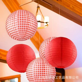 红格子野餐手提纸灯笼舞蹈道具六一中秋商场传统装饰场景布置灯笼