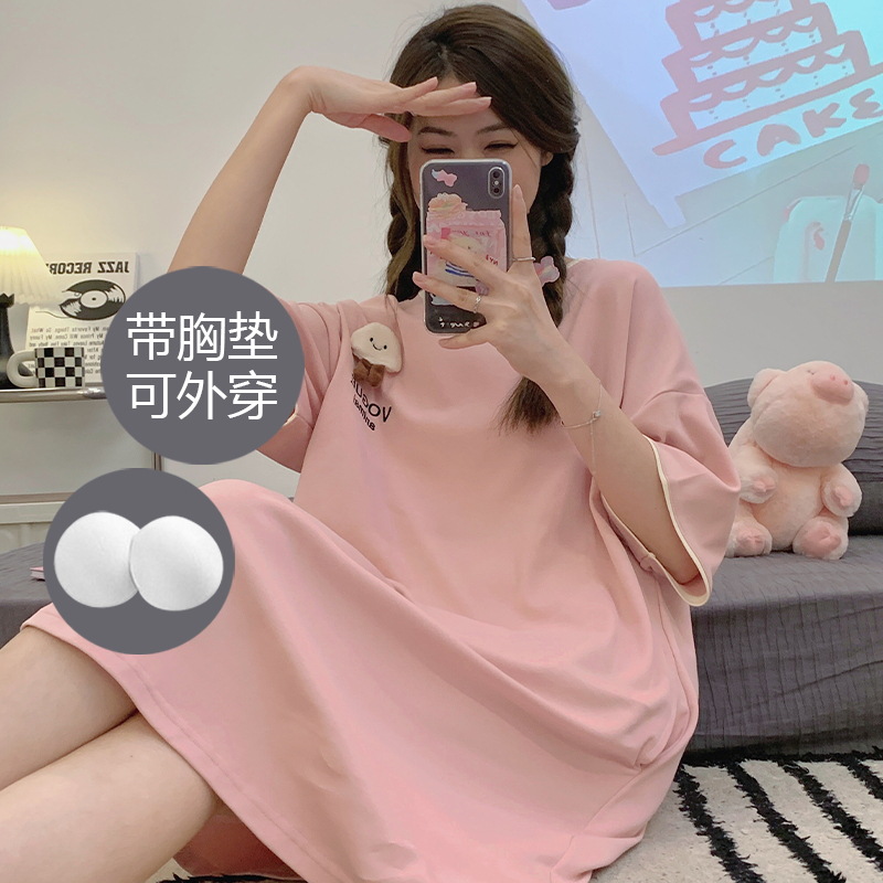 Pijamas con almohadillas para el pecho para mujer, vestido de verano de algodón puro de manga corta y largo medio con dibujos animados, pijamas por encima de la rodilla para mujer, nuevo estilo 2025
