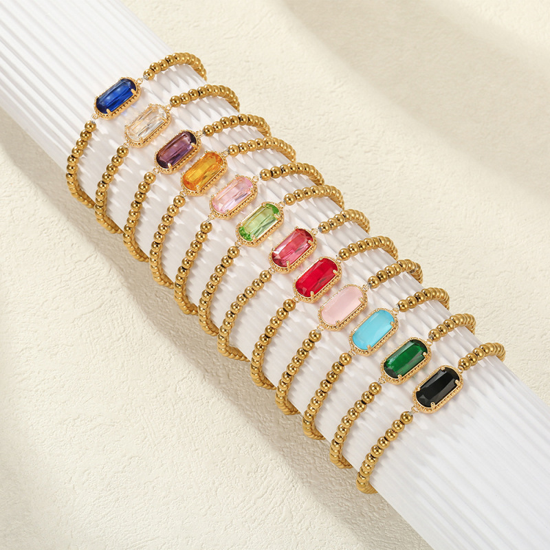 European and American Light Luxury Colorful Zircon Bracelet Women's Square Twelve Birthstone Stainless Steel Beads Bracelet Jewelry Birthday Gift