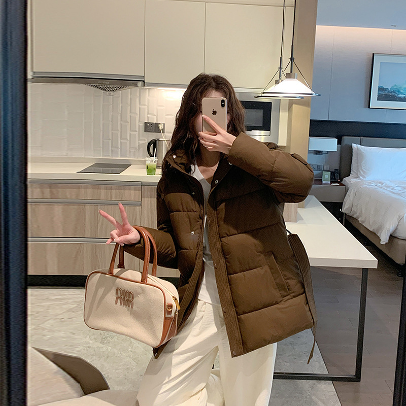 Hooded New Style Waisted Pure Color Winter Thickeneded Women's Cotton Outwear Stand Collar High-End Short down Cotton Outwear