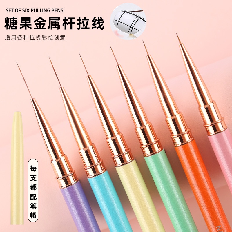 New Macaron Candy Glossy Color Nail Pulling Pen Set, Metal Rod Nylon Hair Bjd Facial Makeup Brush
