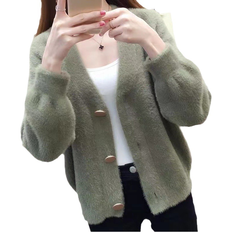 2023 otoño y el invierno nuevo estilo coreano Faux visón terciopelo punto cardigan abrigo suéter de las mujeres corto flojo exterior superior