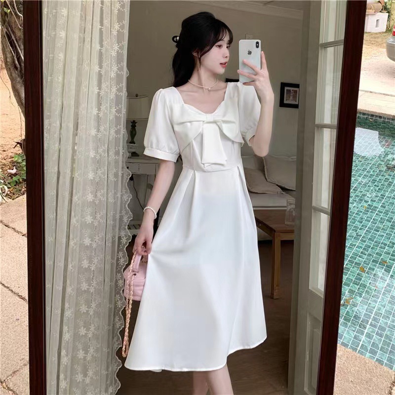 Summer retro solid color cute elegant design dress