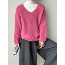 橘芷秋冬新款韩系软糯兔毛V领宽松套头慵懒风针织新款毛衣2680