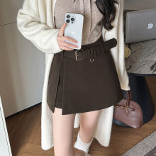 日韩毛呢短裤裙女2025秋冬A字裙裤拼接腰带a字半身裙高腰短裤靴裤