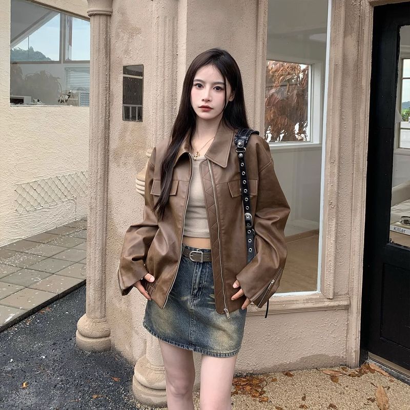 2025秋季新款美式咖色皮衣外套女气质夹克美拉德穿搭黑色机车上衣|undefined