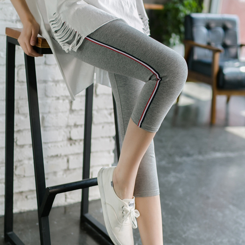 068 Welfare Style Side Striped Three-Point Leggings Women's Summer Thin Shorts High Waist Slimming Large Size 7-Point Pants Women