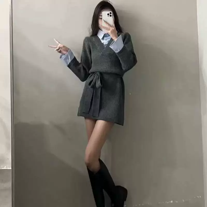 Зимний модный универсальный комплект, рубашка, шерстяное платье, корейский стиль, имитация рубашки