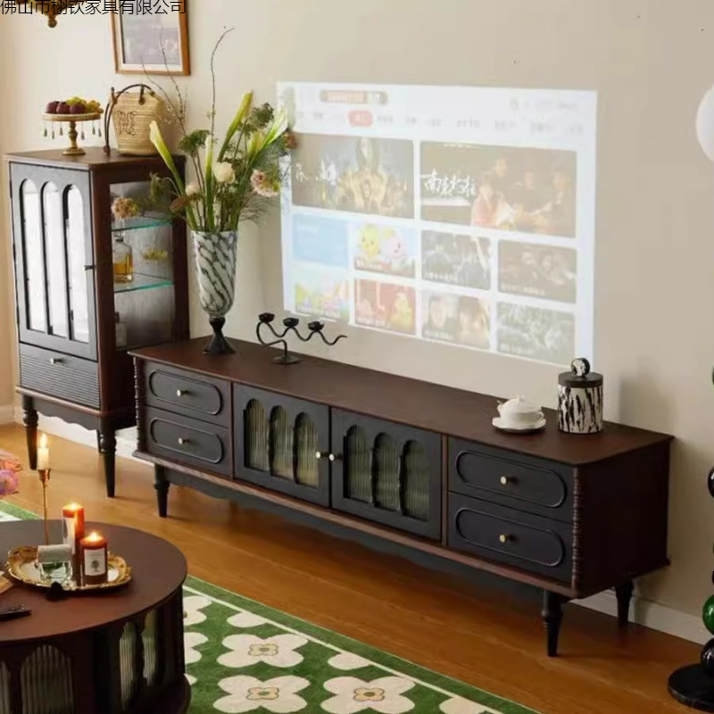 Tv Cabinet Solid Wood French Retro Style Storage Integrated Mid-Century Style High-End Nordic Tv Cabinet Coffee Table