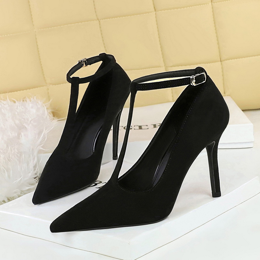 3639 French Style High-End Pointed Toe Stiletto Heels Shallow Mouth Suede T-Strap Ultra High Heel Single Shoes For Women_vogvips.com