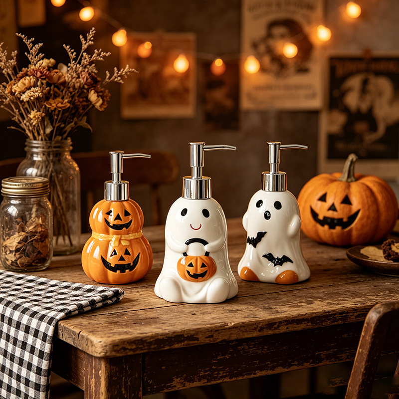 Halloween fantasma calabaza en forma de emulsión cerámica botella de jabón botella de desinfectante de manos botella de cerámica