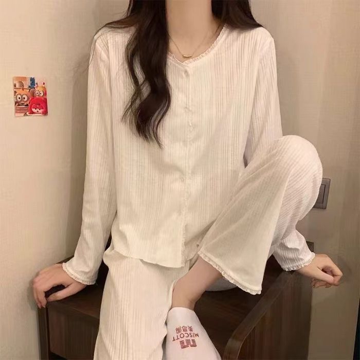 Pijamas de color sólido simples transfronterizos mujeres primavera y otoño coreano dulce rebeca casual pantalones de manga larga se pueden usar en el exterior