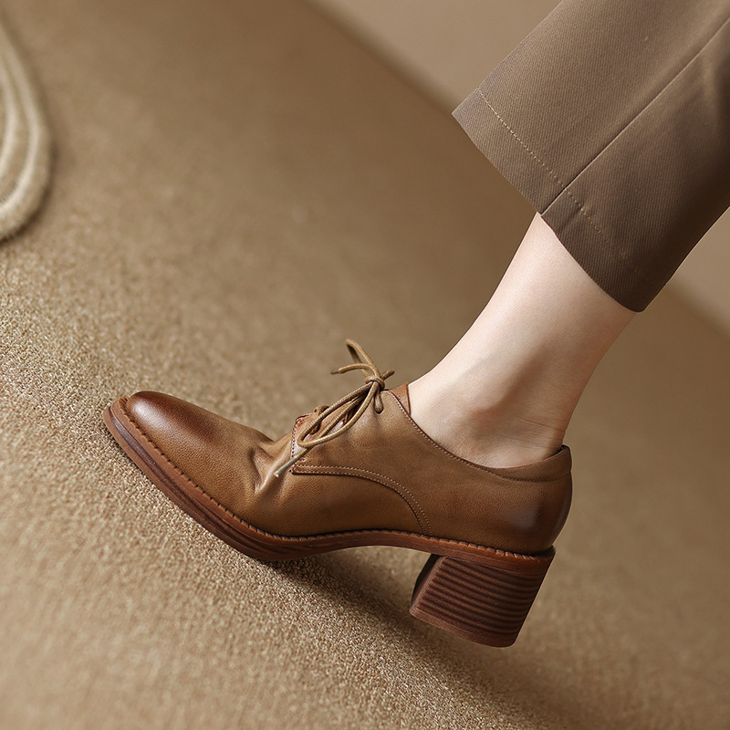 First-Layer Goatskin 2023 Spring and Autum Lace-Up Flats Women's Shoes Mid-Heel Retro Style High Heels Brown Khaki