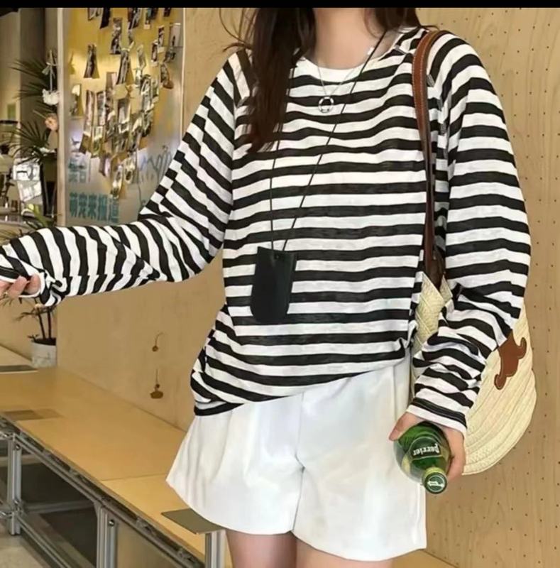 韩系蓝色条纹长袖防晒T恤女夏季小个子宽松外搭薄款空调罩衫上衣|undefined