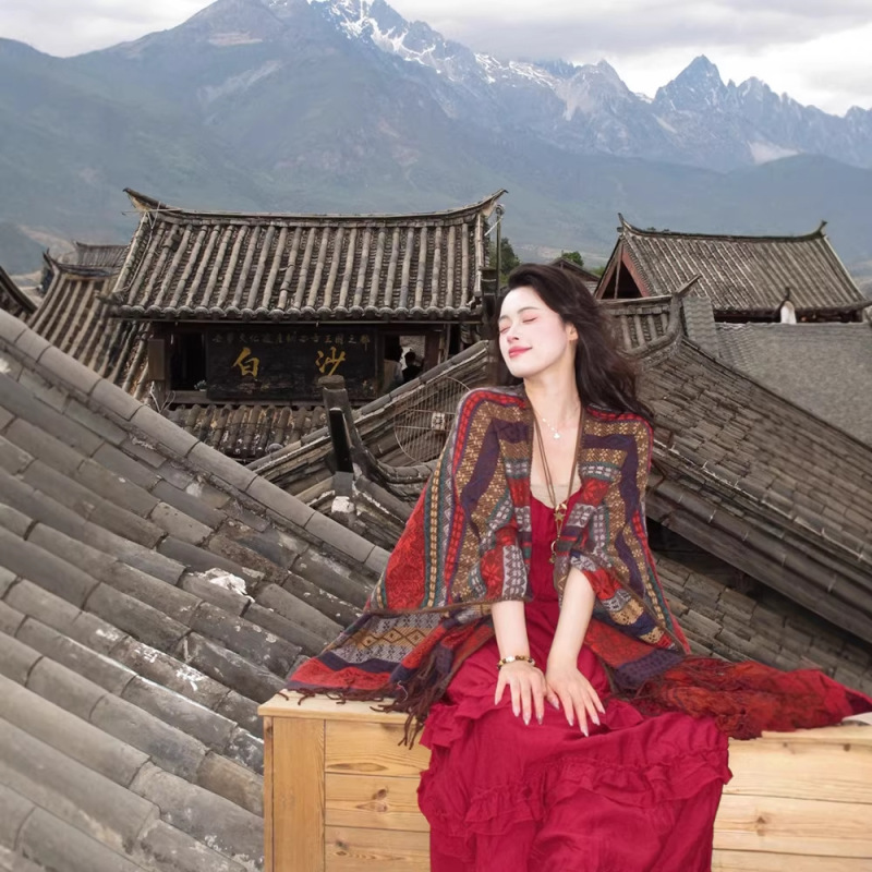 Yunnan Dali Lijiang Bohemian Ethnic Style Red Long Dress for Women with a Vintage Vibe, Shawl and Strap Dress