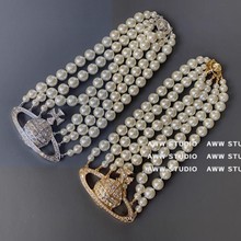 欧美三层珍珠复古中古气质镶嵌镀金闪钻土星太后项链新娘宴会女