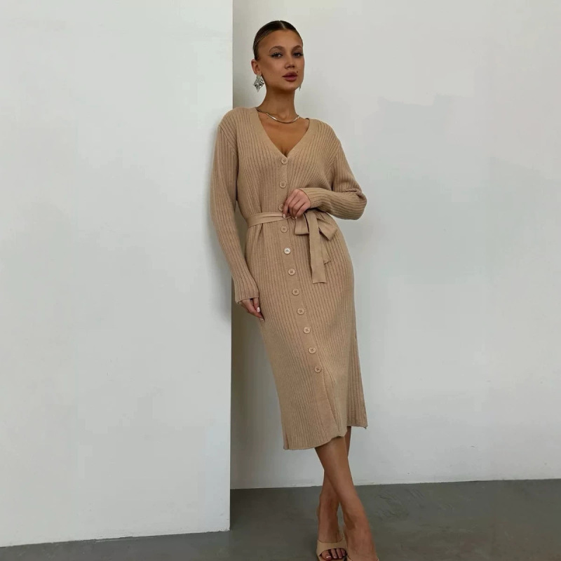 Cross-Border European and American Style V-Neck Ribbed Knit Waist-Cinching Mid-Length Dress with Tie and Single-Breasted Long-Sleeve Sweater Dress for Autumn and Winter Cross-Border European and American Style V-Neck Ribbed Knit Waist-Cinching Mid-Length Dress with Tie and Single-Breasted Long-Sleeve Sweater Dress for Autumn and Winter