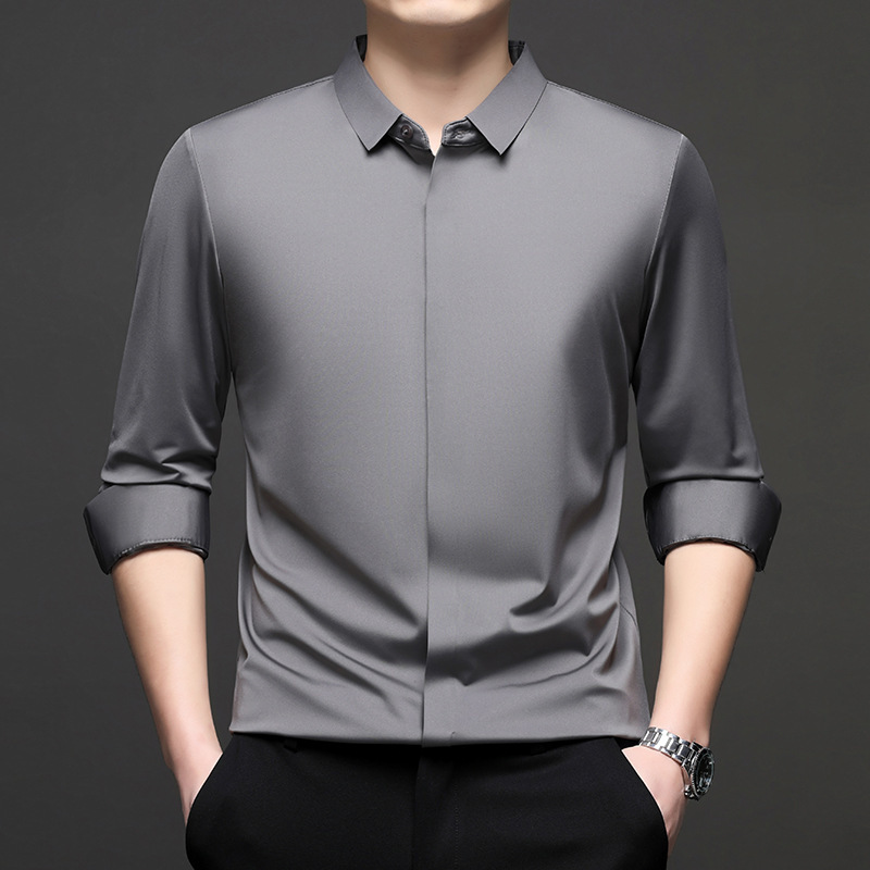 Cross-border Live Explosions Hidden Button Men's Long Sleeve Shirt Business Casual Solid Color Non-ironing Anti-wrinkle Elastic Shirt Spring and Autumn Cross-border Live Explosions Hidden Button Men's Long Sleeve Shirt Business Casual Solid Color Non-ironing Anti-wrinkle Elastic Shirt Spring and Autumn
