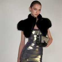 C25TP266欧美女装跨境秋冬新款纯色性感毛毛短款露脐无袖绑带上衣