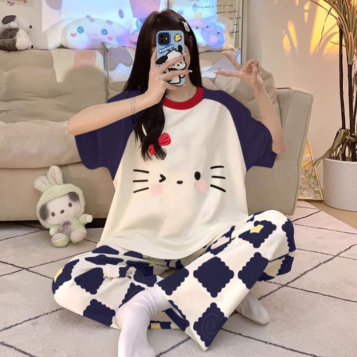 Pijamas al por mayor transfronterizos para mujer verano nuevos pantalones de manga corta sueltos que se pueden usar al aire libre dibujos animados lindo traje de servicio a domicilio imitación algodón