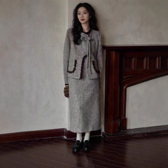 2025新款冬季小香风灰色小个子法式时尚外套半身裙宽松百搭套装女