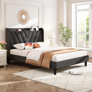 Queen Bed Frame with Charging and Storage, Soft Backrest with Headboard, Packaged Small Bed Frame Stable