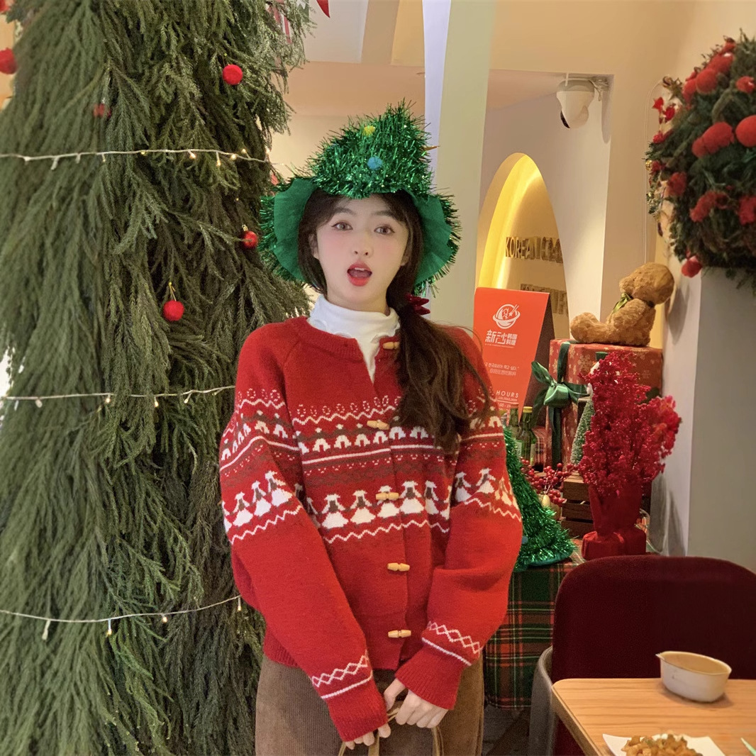 일본식 레트로 혼 버클 스웨터 코트 여성의 가을과 겨울 새로운 도착 분위기 크리스마스 올매치 세련된 니트 카디건