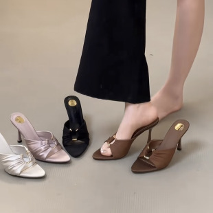 French Retro Style Makes You Look Slimmer! Purple High-Heeled Pointed-Toe Sandals for Women with Metal Buckle Pleated Stiletto Sandals for Women
