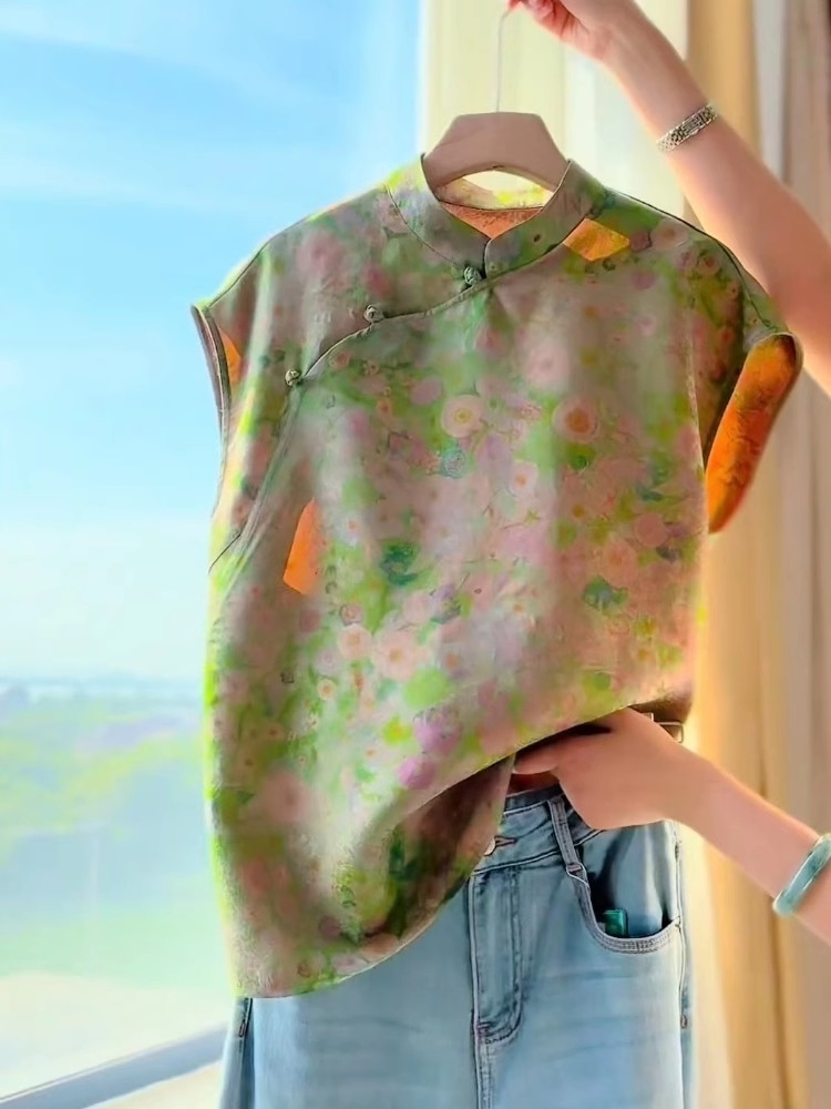 Áo sơ mi nữ mùa hè phong cách Trung Hoa mới, cổ chéo in hoa xanh lá, khí chất cổ điển — Màu xanh lá chi tiết 3