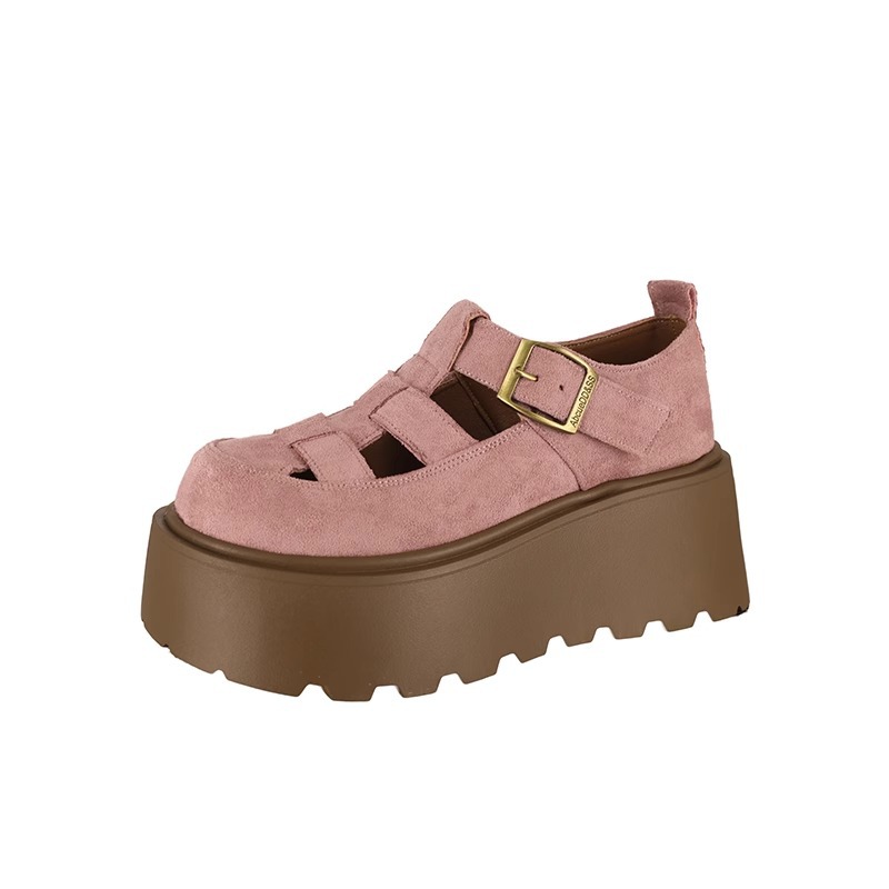 2025 verano nuevo estilo Baotou sandalias romanas mujer hueca pequeño tejido jaulas de cerdo zapatos retro de suela gruesa