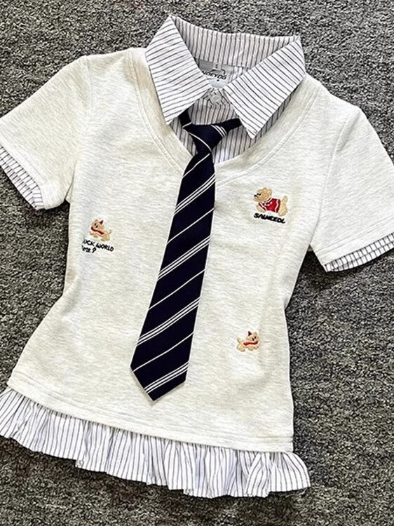 Trendy Korean-Style Short-Sleeve Shirt for Women with Fake Two-Piece Tie Design, Summer Style, Featuring Dog Embroidery, Patchwork, and Striped Lace Trim
