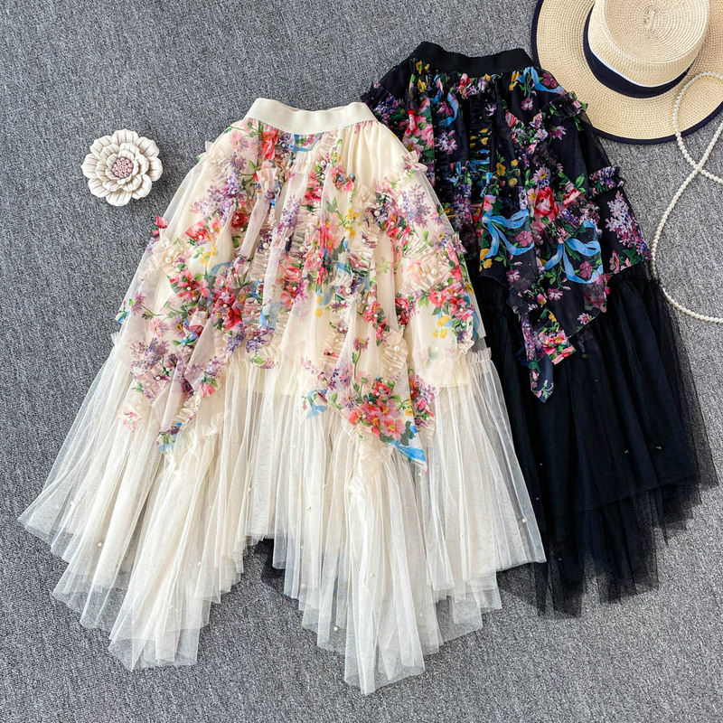 French Style High-end Retro Beaded Skirt Women's Summer High Waist Slimming Printed Irregular Mesh Princess Dress
