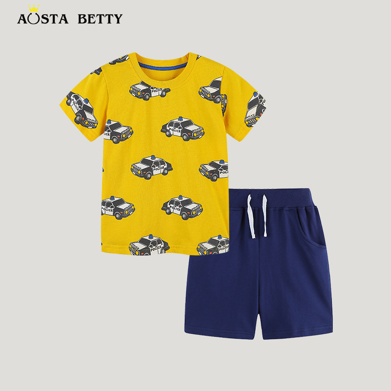 Conjunto de moda infantil estilo europeo y americano, 26 conjuntos de verano para niños, conjunto de manga corta con estampado de coches de dibujos animados, ropa infantil al por mayor.