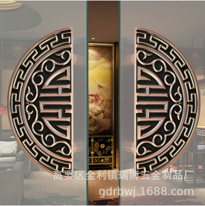 古铜色雕刻门把手中式玻璃门木门把手实心铝板定制对装