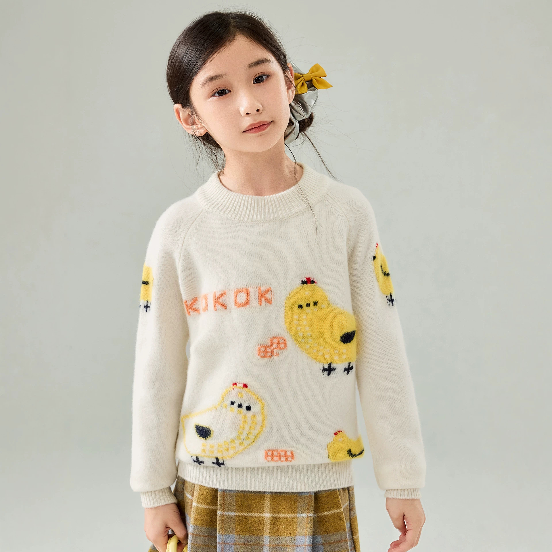 Girls' Cartoon Chick Wool Sweater, Autumn/Winter New Style, Round Neck, Thick Pullover Sweater, Cute Knitwear for Medium and Large Children