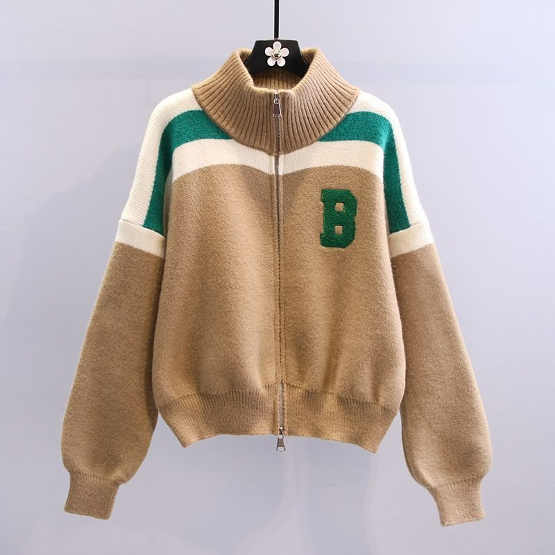 Cardigan tricotat coreean de toamnă, stil leneș, lejer, cu imprimeu floral, culoare asortată cu litere, pulover cu guler înalt pe jumătate, pentru femei_voghion.com