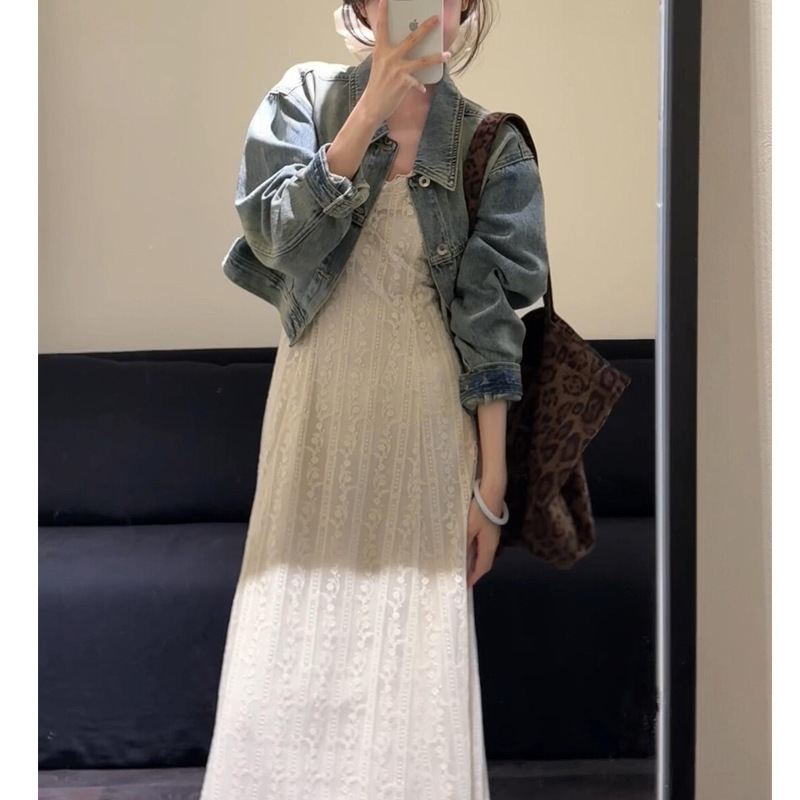 2025 New Autum Korean Style Relaxed Wear Denim Jacket with Lace Vest Dress Two-Piece Trendy Set