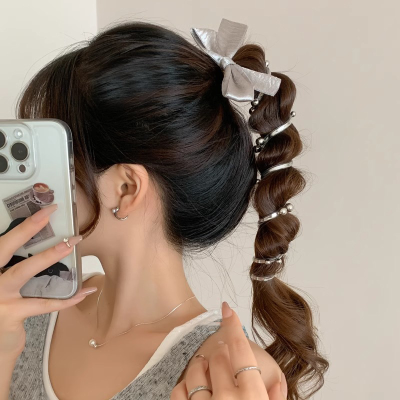 Línea telefónica de burbuja trenzada cabello de arco de plata anillo de cabello 2025 nuevo artefacto de cabello trenzado cabello de cola de caballo