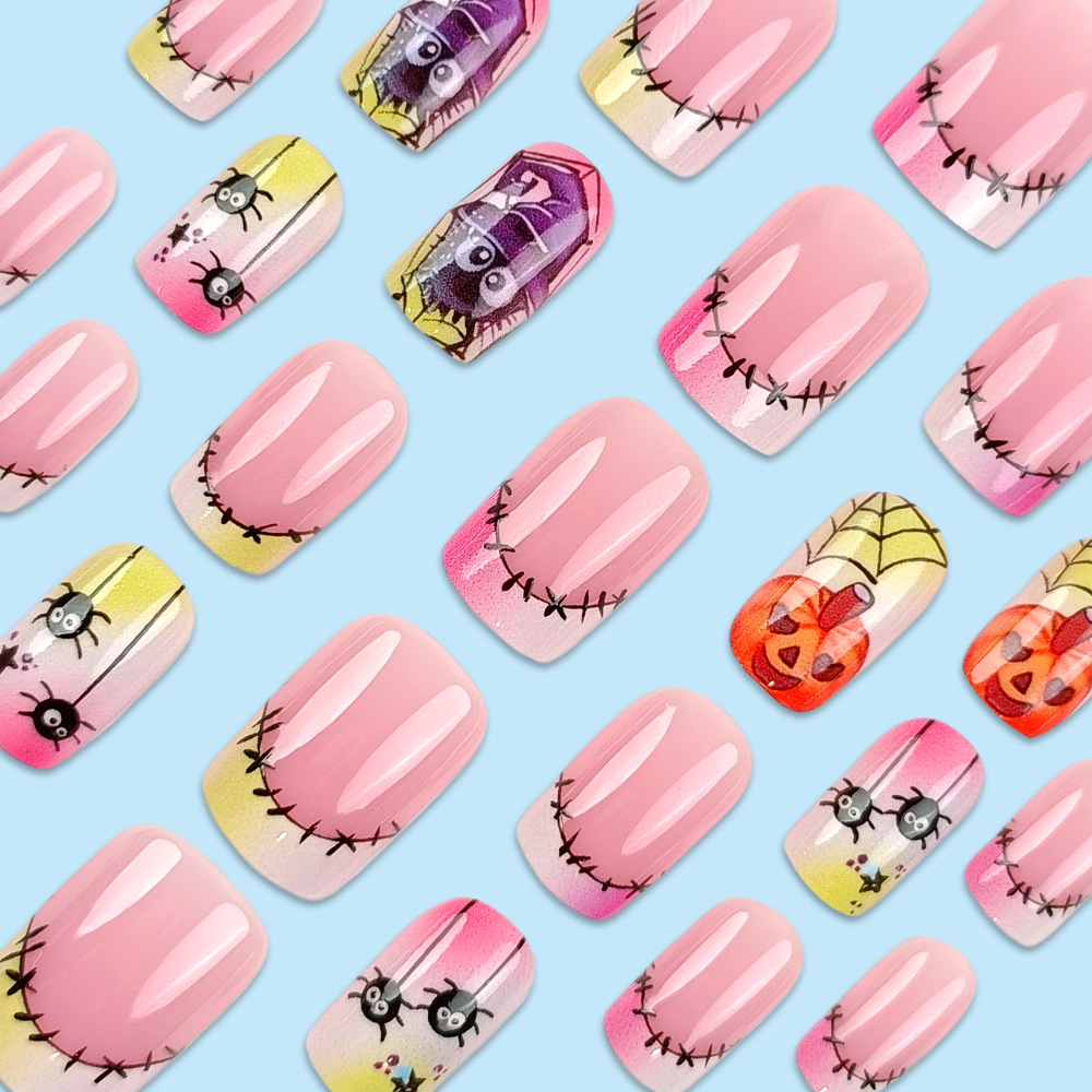 24 piezas de uñas postizas de venta caliente de Halloween, uñas de uñas de araña de calabaza, uñas de uñas de uñas difuminado rosa y verde, armadura de desgaste transfronteriza degradada image 4