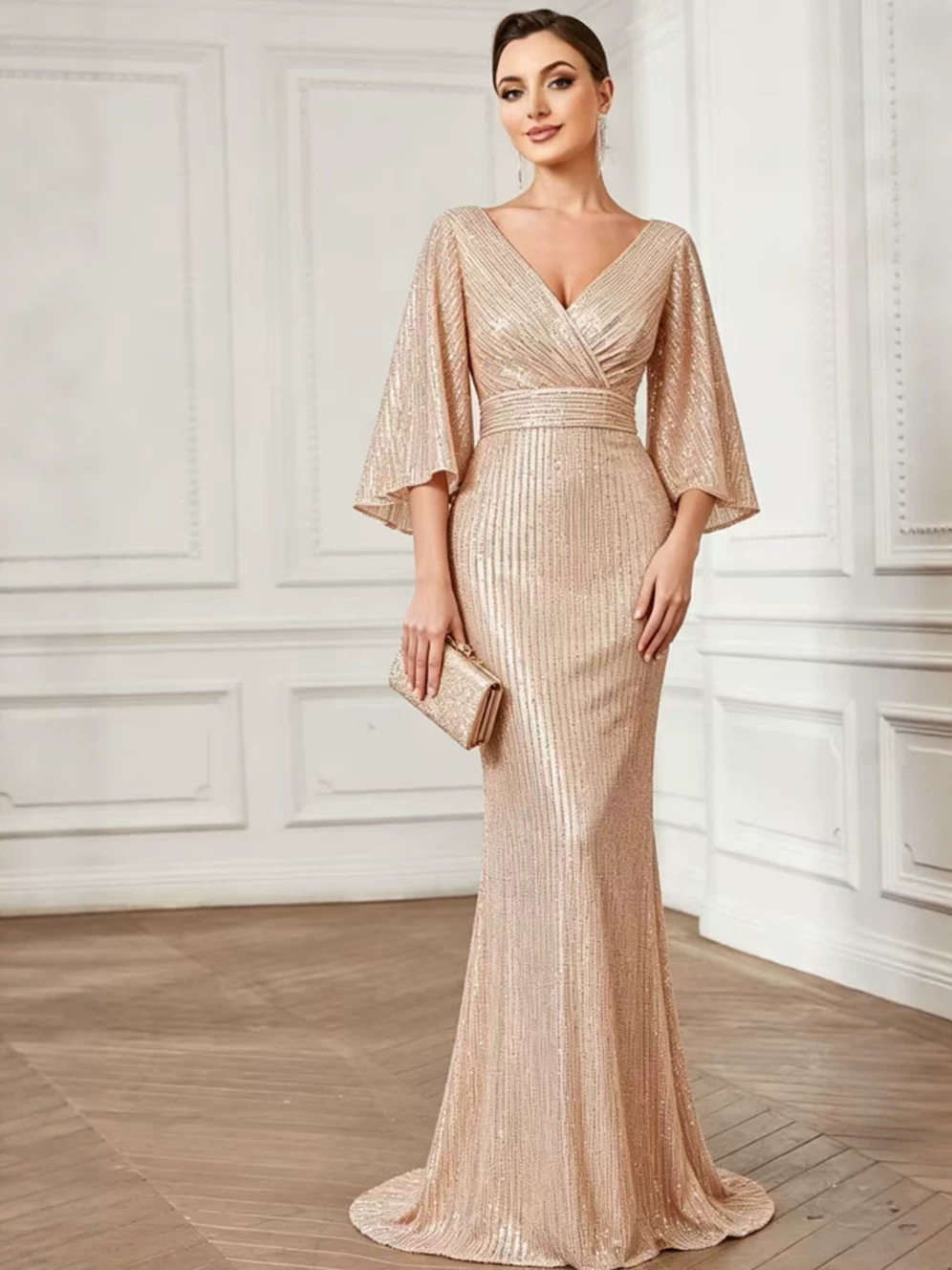 Robe de soirée transfrontalière européenne et américaine, sexy, col en v, paillettes, longueur au sol, élégante, fente latérale, robe de soirée, banquet, 2026