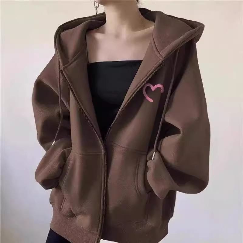 デザイン感半愛プリントカーディガン女性oversizeシンプルな帽子付きカジュアルコート秋冬|undefined