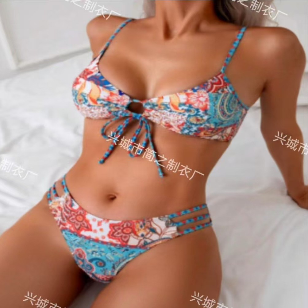2025 European and American Sexy Women's Printed Tie Bikini Set, Exclusively for Aliexpress Independent Stations, Cross-Border, Sports Style