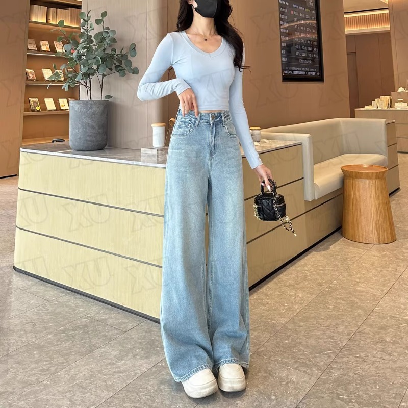 2025 クラウドブルー新鮮で多用途な春と夏のスリムワイドレッグジーンズ女性のハイウエストストレートパンツスパンデックスシルバースクエアパンツ|undefined