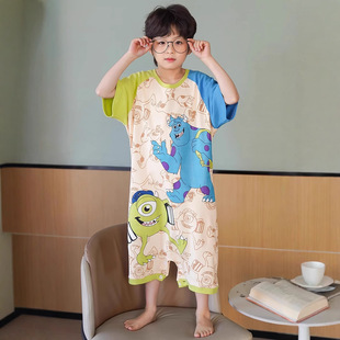 Boys' One-Piece Pajamas Summer Pure Cotton Short-Sleeved Onesies Anti-Kick Belly-Covering Cartoon Kidsren's Air-Conditioned Home Clothes