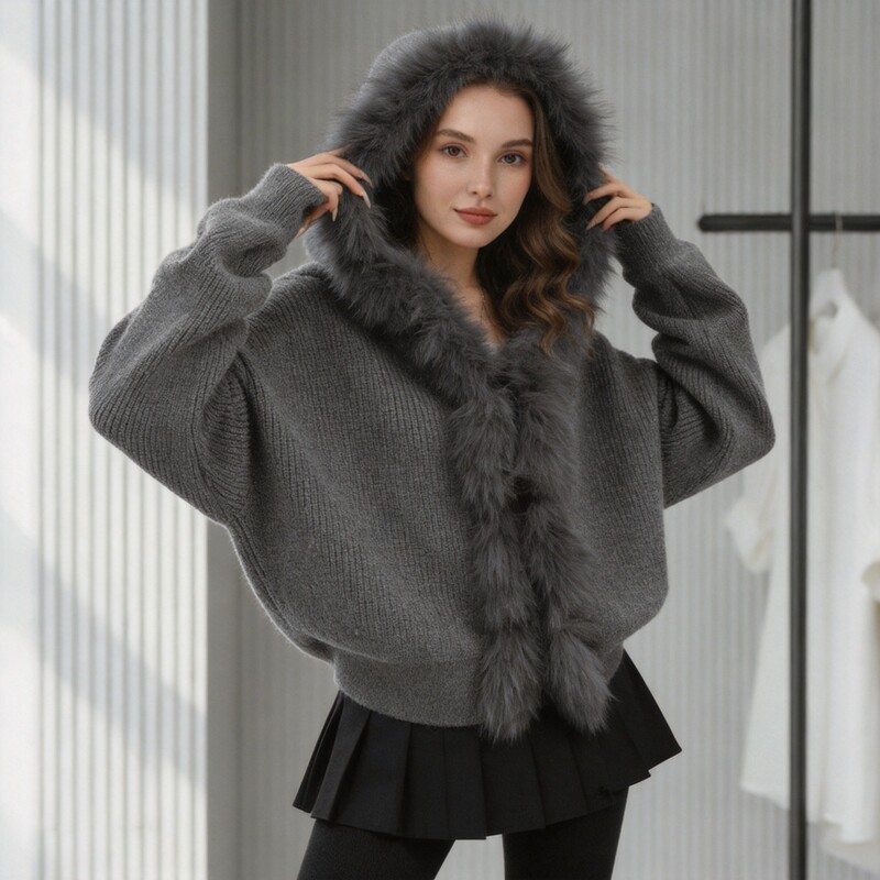 Amazon Cross-Border Large Fur Collar Hooded Sweater for Women, New Autumn and Winter Casual European and American Style Warm Knitted Cardigan Amazon Cross-Border Large Fur Collar Hooded Sweater for Women, New Autumn and Winter Casual European and American Style Warm Knitted Cardigan