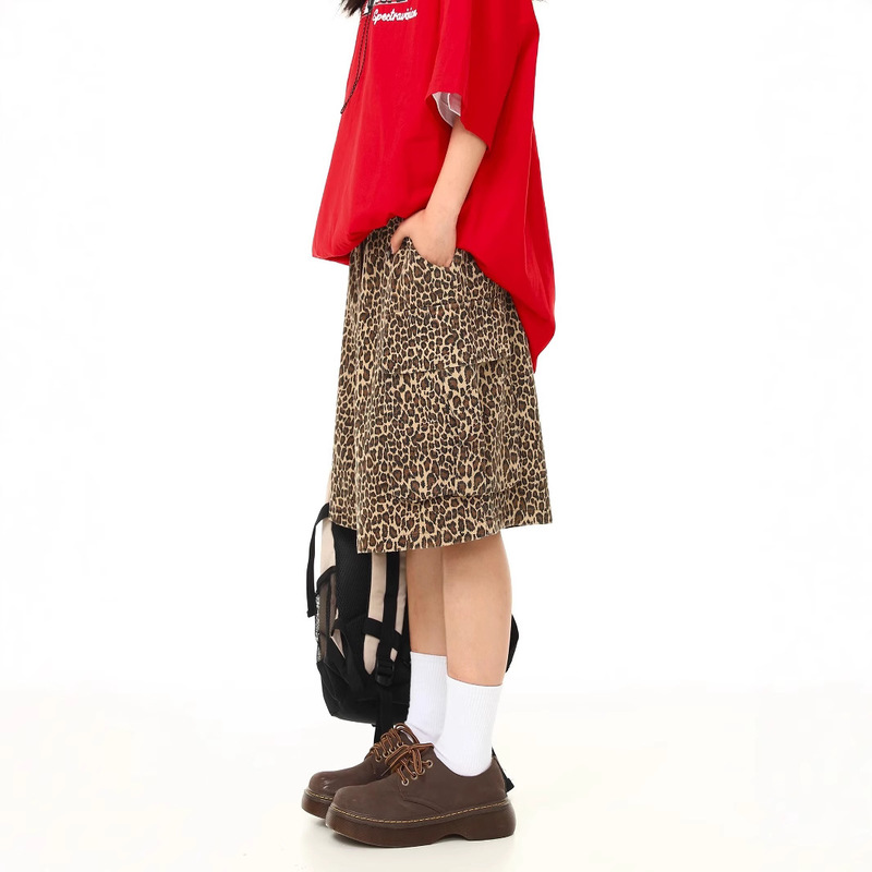 American Style Retro Street Leopard Print Casual Shorts Women's Summer New Loose Multi-Pocket Workwear Wide-Leg Pants