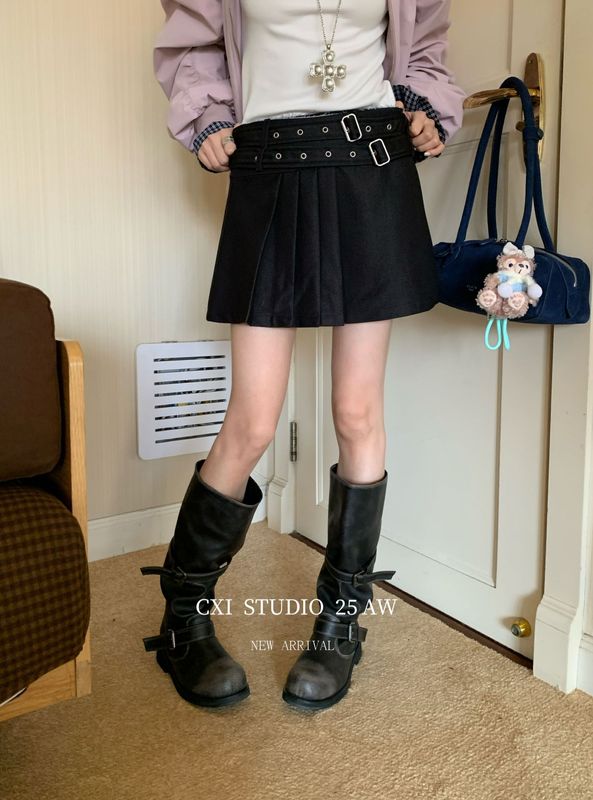 CXI 学院风辣妹百褶裙女秋季新款朋克裙子半身裙低腰重工jk短裙子|undefined