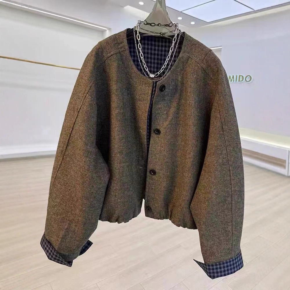 Fake Two-Piece Plaid Patchwork Wool Short Jacket for Petite Women, Casual Loose Short Top, Versatile Retro Long-Sleeve